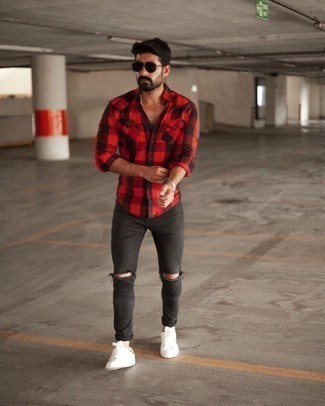 Men's Red and Black Gingham Long Sleeve Shirt, Charcoal Ripped Skinny Jeans, White and Green Canvas Low Top Sneakers, Dark Brown Sunglasses