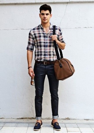 Men's White and Red and Navy Plaid Long Sleeve Shirt, Black Skinny Jeans, Navy Suede Tassel Loafers, Brown Canvas Holdall