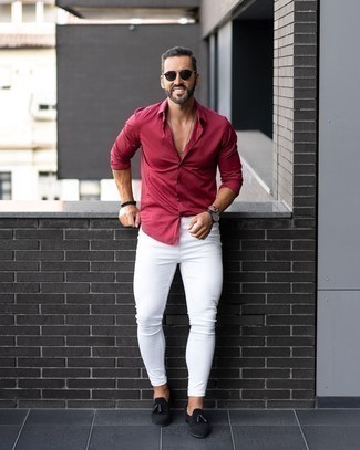 Men's Burgundy Long Sleeve Shirt, White Skinny Jeans, Black Suede Tassel Loafers, Black Sunglasses
