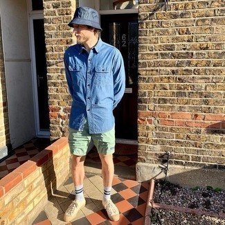 Men's Blue Chambray Long Sleeve Shirt, Mint Sports Shorts, Beige Canvas Low Top Sneakers, Navy Bucket Hat