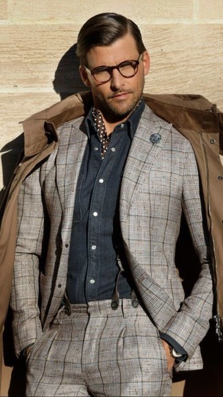 Men's Dark Brown Polka Dot Silk Scarf, Navy Chambray Long Sleeve Shirt, Grey Plaid Suit, Brown Field Jacket