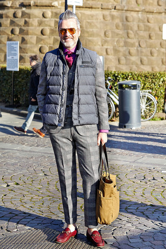 Domenico Gianfrate wearing Red Leather Loafers, Hot Pink Long Sleeve Shirt, Grey Plaid Suit, Grey Quilted Gilet