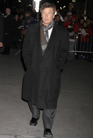 Alec Baldwin wearing Black Leather Loafers, White Long Sleeve Shirt, Grey Suit, Black Overcoat