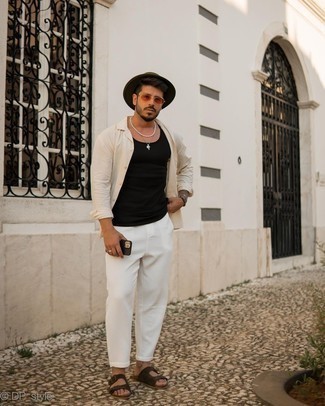 Olive Wool Hat Outfits For Men: This casual combo of a beige long sleeve shirt and an olive wool hat is a real life saver when you need to look nice in a flash. Infuse a dash of stylish nonchalance into this getup by rocking a pair of dark brown suede sandals.