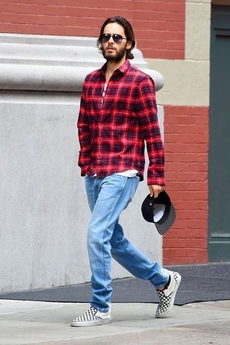 Black Canvas Slip-on Sneakers Outfits For Men: This casual and cool outfit is really pared down: a red plaid long sleeve shirt and light blue jeans. For maximum style, complement your outfit with black canvas slip-on sneakers.