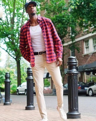 Men's Red and Navy Gingham Long Sleeve Shirt, White Tank, Beige Jeans, White Print Canvas High Top Sneakers