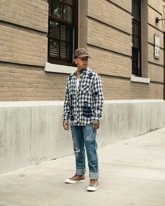 Men's White and Black Plaid Long Sleeve Shirt, White Tank, Blue Ripped Jeans, Brown Canvas High Top Sneakers