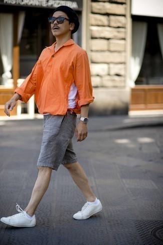 Men's Orange Linen Long Sleeve Shirt, White Tank, Grey Shorts, White Leather Low Top Sneakers