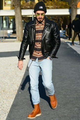 Tobacco Leather Casual Boots Outfits For Men: 