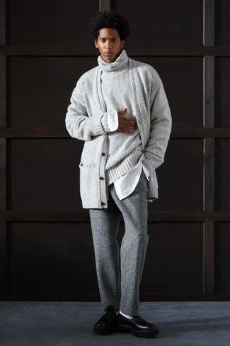 Men's Grey Wool Chinos, White Long Sleeve Shirt, Grey Wool Turtleneck, Grey Cardigan