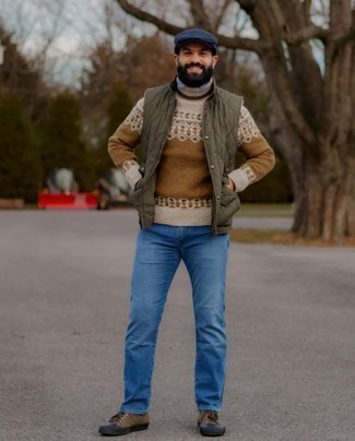 Men's Blue Jeans, White and Blue Vertical Striped Long Sleeve Shirt, Beige Fair Isle Wool Turtleneck, Olive Quilted Gilet