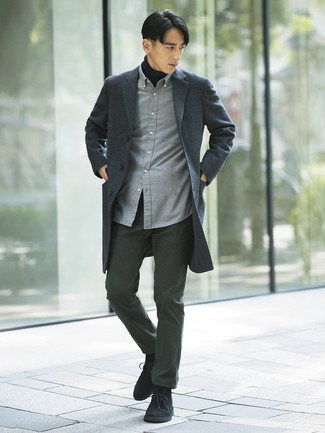 Men's Charcoal Chinos, Grey Flannel Long Sleeve Shirt, Black Turtleneck, Charcoal Plaid Overcoat