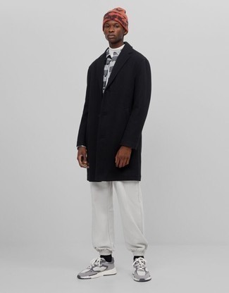 Men's Grey Chinos, Grey Gingham Flannel Long Sleeve Shirt, White Turtleneck, Black Overcoat