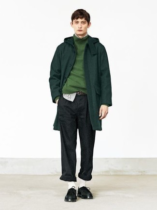 Men's Black Chinos, Grey Long Sleeve Shirt, Green Wool Turtleneck, Dark Green Overcoat
