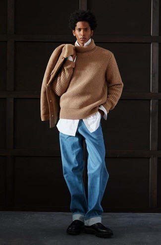 Tan Knit Wool Turtleneck Outfits For Men: 