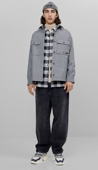 Men's Charcoal Jeans, Grey Gingham Flannel Long Sleeve Shirt, Beige Turtleneck, Grey Wool Shirt Jacket