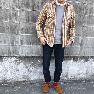 Tan Plaid Long Sleeve Shirt Outfits For Men: 