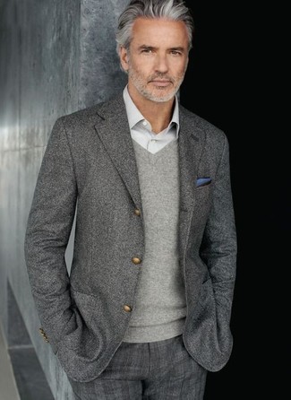 Men's Grey Plaid Dress Pants, Grey Long Sleeve Shirt, Grey V-neck Sweater, Grey Wool Blazer