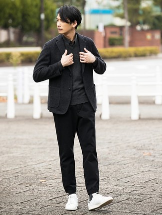 Men's Black Chinos, Black Long Sleeve Shirt, Charcoal V-neck Sweater, Charcoal Wool Blazer