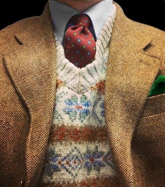 Tan Fair Isle V-neck Sweater Outfits For Men: 