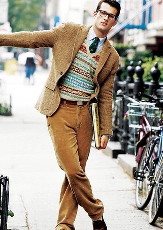 Tan Fair Isle V-neck Sweater Outfits For Men: 