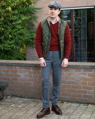 Men's Grey Chinos, Light Blue Vertical Striped Long Sleeve Shirt, Red V-neck Sweater, Olive Quilted Gilet