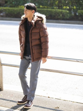 Brown Puffer Jacket Outfits For Men: 