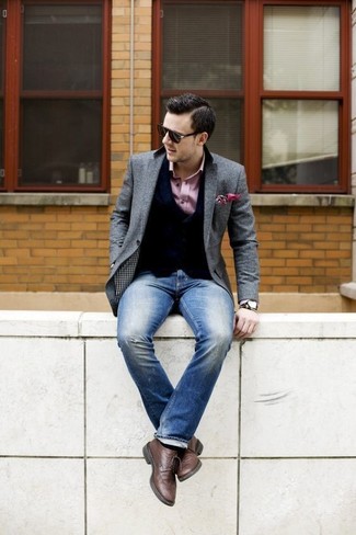 Blue Ripped Skinny Jeans Smart Casual Outfits For Men: 