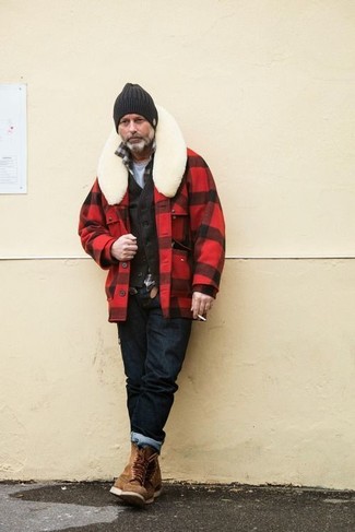 Red and Black Check Shirt Jacket Outfits For Men: 