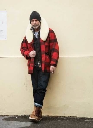 Red Plaid Shirt Jacket with Navy Jeans Outfits For Men: 