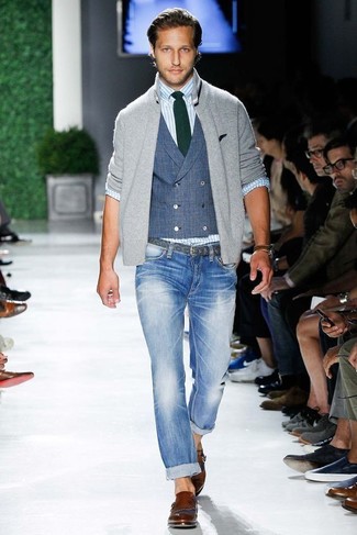 Men's Light Blue Skinny Jeans, Light Blue Vertical Striped Long Sleeve Shirt, Blue Waistcoat, Grey Zip Sweater