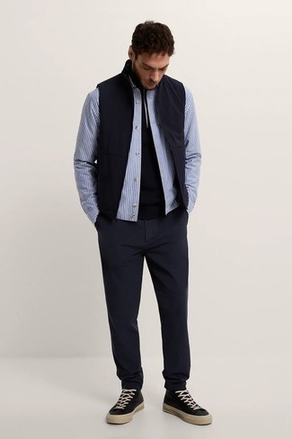 Navy Gilet with Long Sleeve Shirt Outfits For Men: 