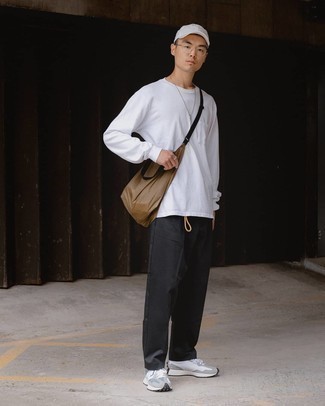 Men's White Long Sleeve T-Shirt, Black Chinos, Grey Athletic Shoes, Brown Canvas Tote Bag