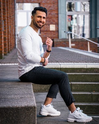 Blue Watch Outfits For Men: This combination of a white long sleeve t-shirt and a blue watch is on the casual side yet it's also on-trend and truly dapper. A good pair of white athletic shoes is an effective way to add a confident kick to the look.