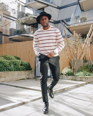 Men's White and Red Horizontal Striped Long Sleeve T-Shirt, Charcoal Chinos, Black Leather Derby Shoes, Black Wool Hat