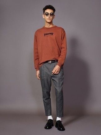 Orange Long Sleeve T-Shirt Outfits For Men: Try teaming an orange long sleeve t-shirt with grey check chinos to achieve a laid-back and absolutely dapper ensemble. For a more elegant aesthetic, introduce a pair of black leather derby shoes to the equation.
