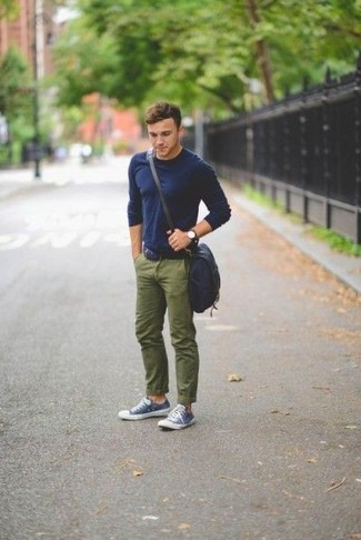Men's Navy Long Sleeve T-Shirt, Olive Chinos, Navy and White Low Top Sneakers, Navy Canvas Messenger Bag