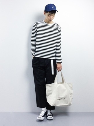Men's White and Black Horizontal Striped Long Sleeve T-Shirt, Black Chinos, Black and White Canvas Low Top Sneakers, White Canvas Tote Bag
