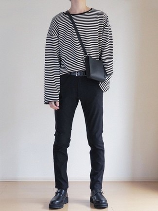 Monks Outfits: Make a white and black horizontal striped long sleeve t-shirt and black chinos your outfit choice for a cool getup. A pair of monks instantly dials up the classy factor of any look.