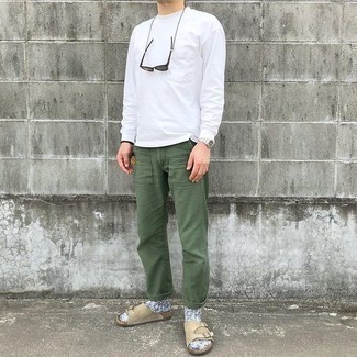 Men's White Long Sleeve T-Shirt, Olive Chinos, Beige Suede Sandals, Olive Sunglasses