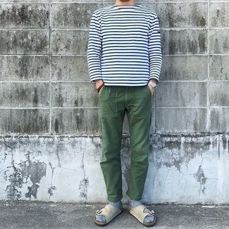 Men's White and Navy Horizontal Striped Long Sleeve T-Shirt, Dark Green Chinos, Grey Suede Sandals, Silver Watch