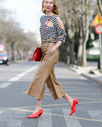 Women's White and Black Horizontal Striped Long Sleeve T-shirt, Tan Leather Culottes, Red Leather Pumps, Red Leather Crossbody Bag