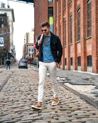 Navy Suede Shirt Jacket with White Chinos Outfits: 