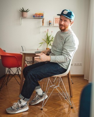 Teal Print Baseball Cap Outfits For Men: This casual pairing of a grey long sleeve t-shirt and a teal print baseball cap is a goofproof option when you need to look nice in a flash. A nice pair of brown athletic shoes is the most effective way to transform your getup.
