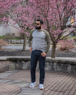 Grey Long Sleeve T-Shirt Outfits For Men: Combining a grey long sleeve t-shirt and navy jeans will cement your prowess in menswear styling even on lazy days. Have some fun with things and complete this look with a pair of grey athletic shoes.