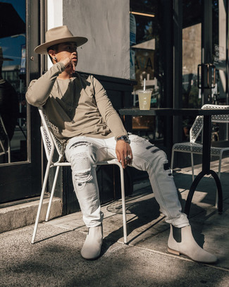 White Ripped Jeans Outfits For Men: You'll be amazed at how super easy it is for any guy to pull together a contemporary ensemble like this. Just a tan long sleeve t-shirt teamed with white ripped jeans. Serve a little outfit-mixing magic by sporting a pair of grey suede chelsea boots.