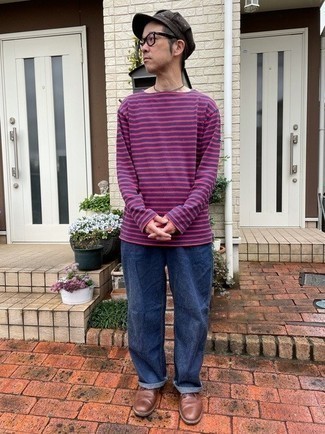 Light Violet Horizontal Striped Long Sleeve T-Shirt Outfits For Men: In situations comfort is the priority, rock a light violet horizontal striped long sleeve t-shirt with navy jeans. Feeling bold today? Mix things up with a pair of brown leather derby shoes.
