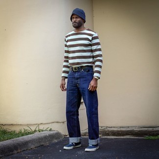 Men's Multi colored Horizontal Striped Long Sleeve T-Shirt, Navy Jeans, Navy and White Canvas Low Top Sneakers, Navy Bucket Hat