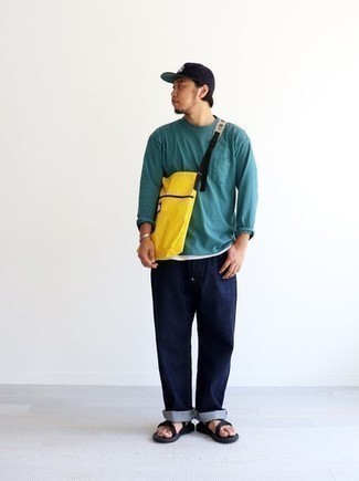 Men's Teal Long Sleeve T-Shirt, Navy Jeans, Black Canvas Sandals, Yellow Canvas Tote Bag