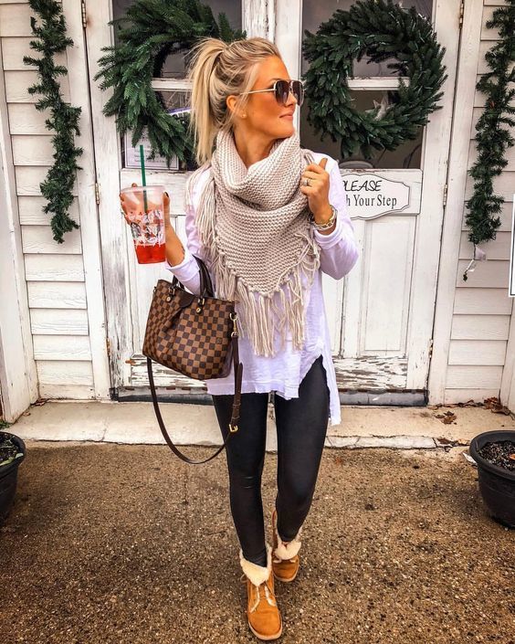 Women's White Long Sleeve T-shirt, Black Leather Leggings, Brown Uggs,  Brown Check Leather Tote Bag
